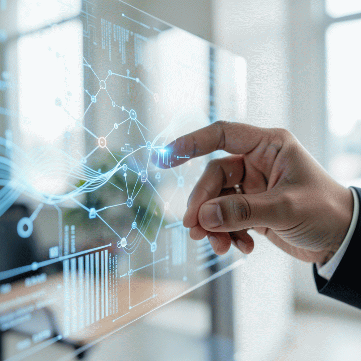 Tangan yang sedang berinteraksi dengan antarmuka digital holografik yang menampilkan pola-pola logika dan data abstrak, melambangkan asesmen kognitif.