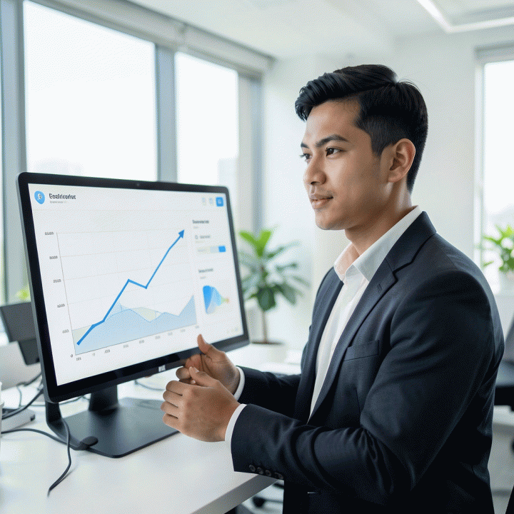 Seorang profesional muda Indonesia melihat dashboard hasil asesmen digital yang menunjukkan peningkatan kemampuan kognitif dan potensi diri.