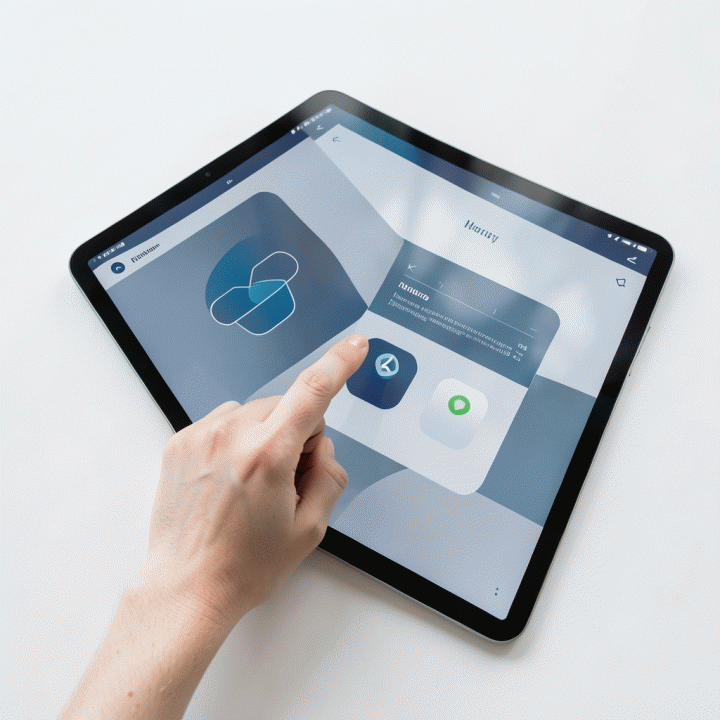 Tangan yang berinteraksi dengan tablet menampilkan antarmuka asesmen kognitif digital, menunjukkan proses penilaian diri yang objektif.