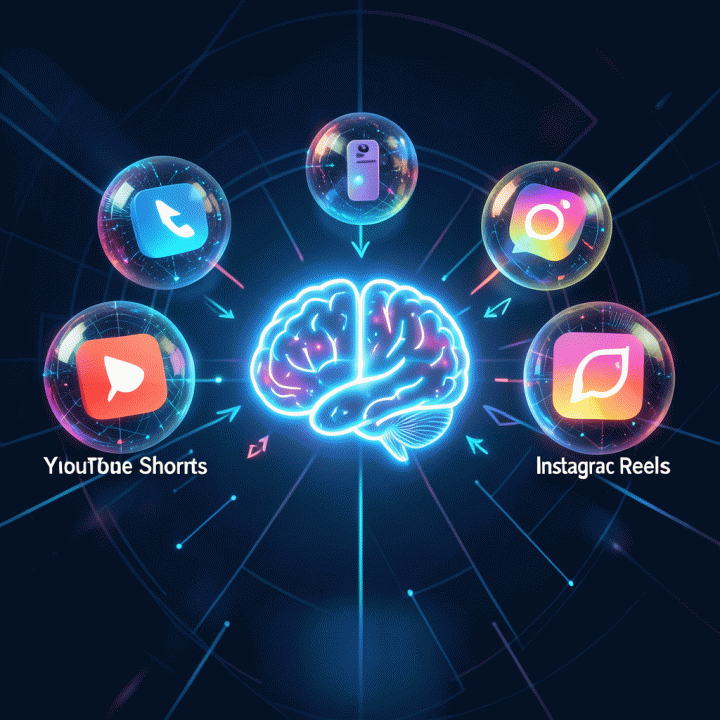 Visual perbandingan digital yang dinamis antara ikon TikTok, YouTube Shorts, dan Instagram Reels yang berinteraksi untuk menunjukkan strategi konten video pendek komprehensif.