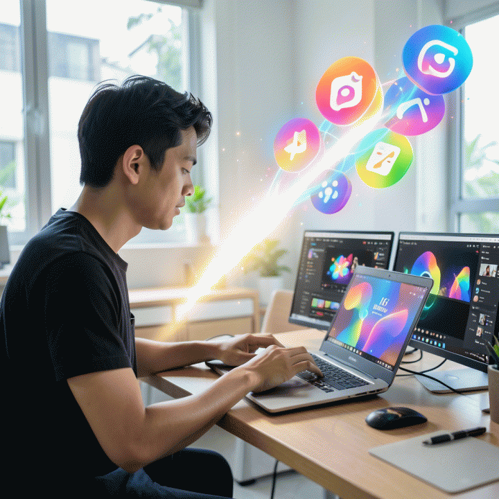 Seorang kreator konten muda di Indonesia yang tampak sangat fokus menggunakan laptop dan berbagai layar monitor untuk menghasilkan ide viral, dikelilingi oleh visual abstrak simbol-simbol media sosial seperti TikTok, Instagram Reels, dan YouTube Shorts dalam suasana kerja modern.