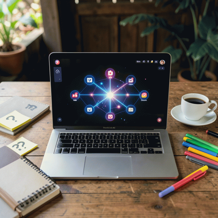 Tampilan flat lay di meja kayu berisi laptop yang menunjukkan antarmuka AI pembuatan konten abstrak, dikelilingi oleh alat-alat kreatif seperti catatan dan kopi, melambangkan solusi anti-kebuntuan ide.