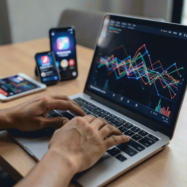 Jarak dekat tangan seorang digital marketer yang mengetik di laptop dengan layar menampilkan visual data abstrak, melambangkan analisis AI untuk konten media sosial.
