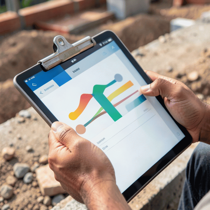 Tangan kontraktor sedang mencatat atau memasukkan data biaya dan material proyek ke tablet di lokasi konstruksi, menekankan akurasi pencatatan.