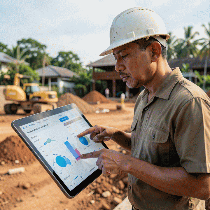Mandor proyek di lokasi konstruksi sedang memeriksa dashboard pelacakan material di tablet, menunjukkan pemantauan progres yang akurat.