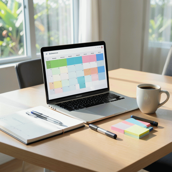 Meja kerja minimalis yang terorganisir dengan kalender digital berblok waktu dan alat-alat produktivitas, melambangkan manajemen waktu yang efisien.