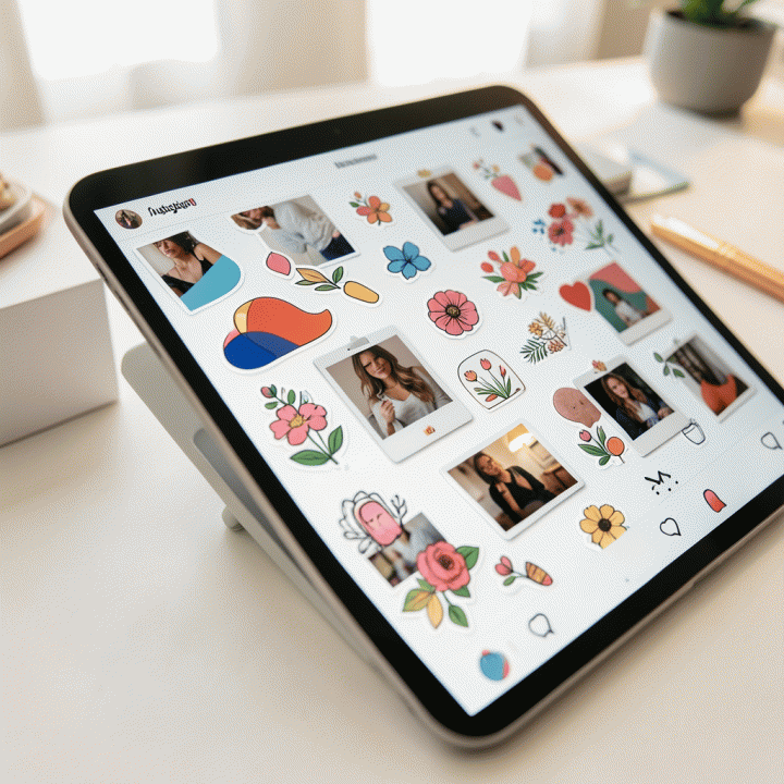 Tampilan dekat layar tablet yang menunjukkan layout feed Instagram yang dipercantik dengan berbagai stiker digital premium, memberikan kesan estetika dan profesionalisme konten.