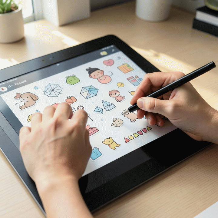 Tangan yang menggunakan stylus pada tablet digital, mempercantik halaman jurnal atau story dengan stiker digital.