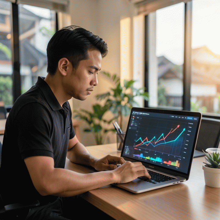 Seorang pengusaha muda Indonesia di meja kerja modern, fokus melihat layar laptop yang menampilkan visualisasi data analitik e-commerce yang menunjukkan tren pertumbuhan dan potensi komisi tinggi.