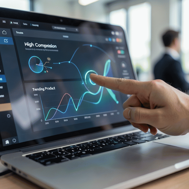 Tangan menunjuk ke dashboard analitik di laptop yang menunjukkan visualisasi data tren produk dan komisi tinggi.