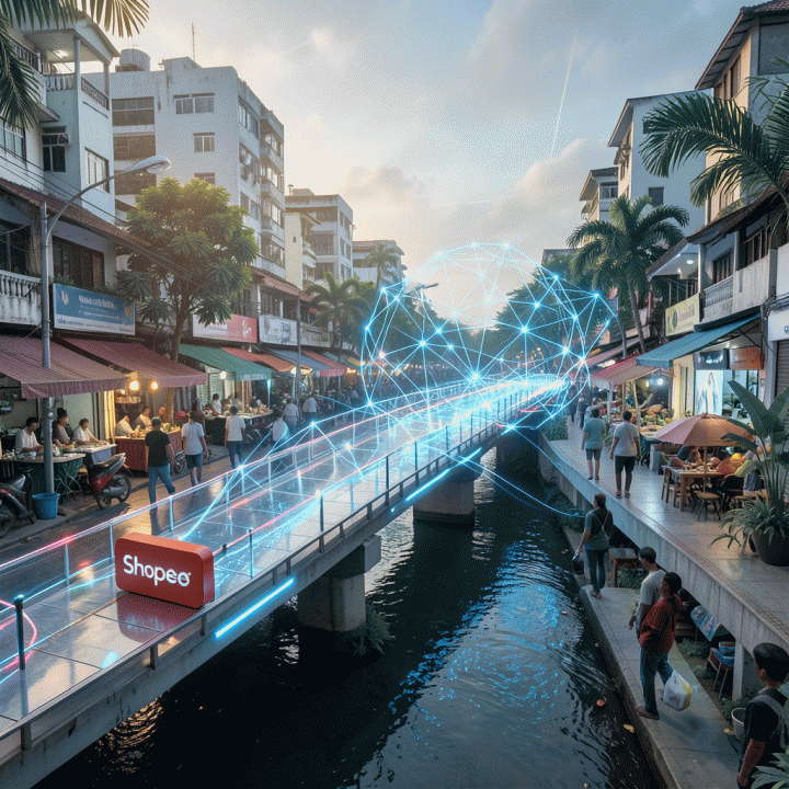 Konsep visualisasi jembatan data yang menghubungkan pasar e-commerce fisik dengan alat analitik digital untuk pertumbuhan bisnis.