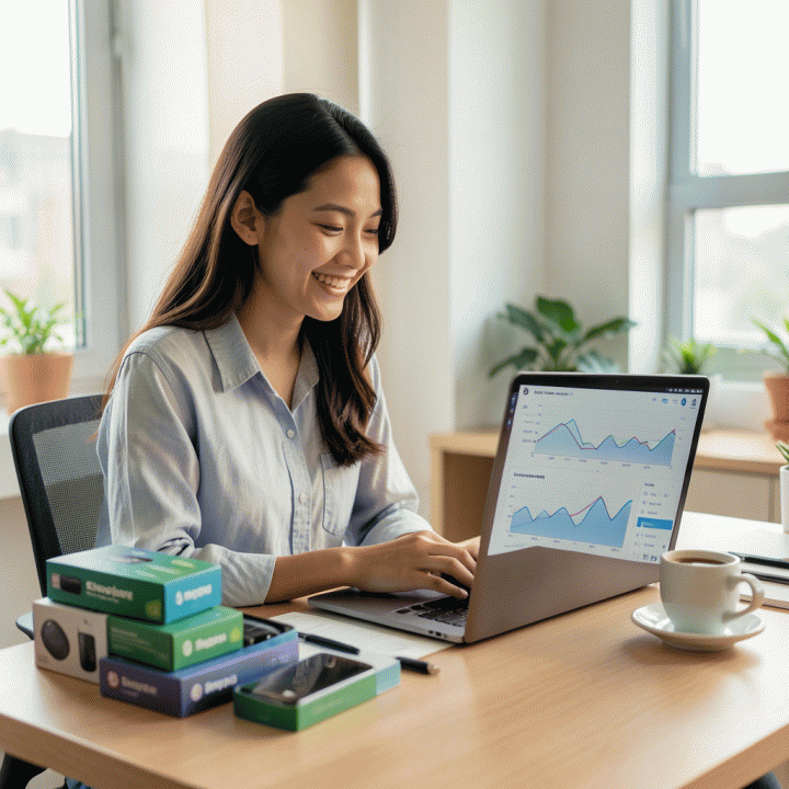 Seorang wanita muda profesional Indonesia yang sedang menganalisis data tren penjualan produk e-commerce di laptopnya, menunjukkan kesuksesan dalam pemasaran afiliasi.