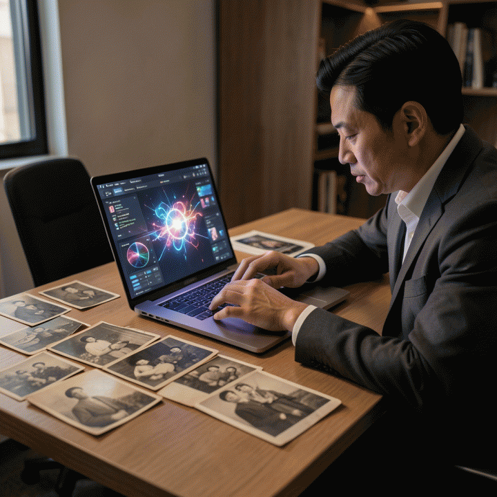 Seorang profesional sedang menggunakan laptop modern untuk meningkatkan kualitas foto arsip lama yang usang menjadi aset digital berkualitas tinggi.