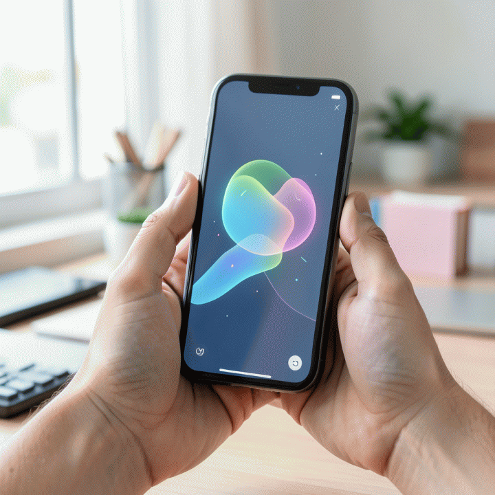 Penggunaan smartphone untuk meningkatkan kualitas foto produk melalui antarmuka AI yang abstrak, menunjukkan transisi dari buram menjadi jernih.