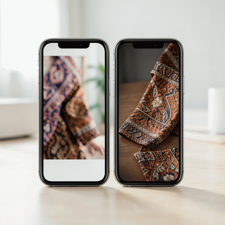 Perbandingan foto produk e-commerce: foto sebelum (buram, resolusi rendah) dan foto setelah (tajam, detail tinggi) yang diperbaiki menggunakan AI, ditampilkan di layar ponsel modern.