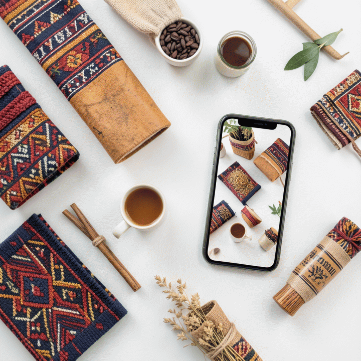 Penataan flat lay produk e-commerce profesional dengan fokus pada kualitas gambar yang ditingkatkan, menunjukkan hasil akhir yang sempurna.