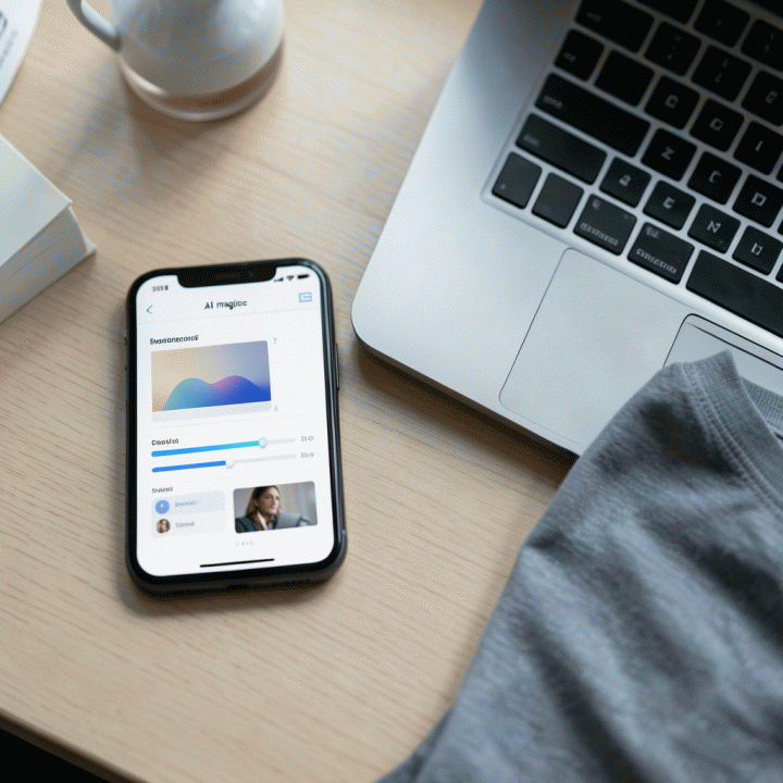 Komposisi flat lay alat digital dan produk, menunjukkan alur kerja peningkatan kualitas foto produk menggunakan AI secara abstrak.