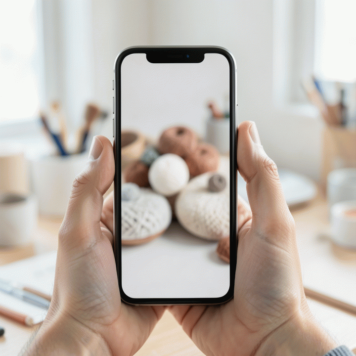 Tangan memegang smartphone menampilkan foto produk buram dengan kualitas rendah untuk e-commerce.