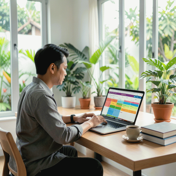 Gambar kantor rumah modern yang menunjukkan suasana produktif dan fokus saat bekerja menggunakan laptop di meja kerja kayu bersih, dengan unsur tanaman tropis Indonesia di latar belakang.