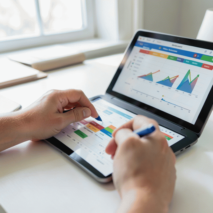 Tangan seseorang yang sedang menganalisis atau memasukkan data keuangan ke dalam spreadsheet digital di meja kerja yang rapi.