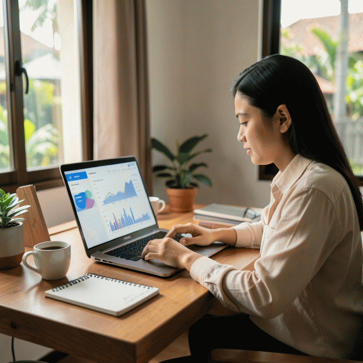 Seorang profesional muda yang bekerja di kantor rumah minimalis Indonesia dengan laptop yang menampilkan grafik keuangan abstrak, menunjukkan suasana kerja yang terorganisir dan produktif.