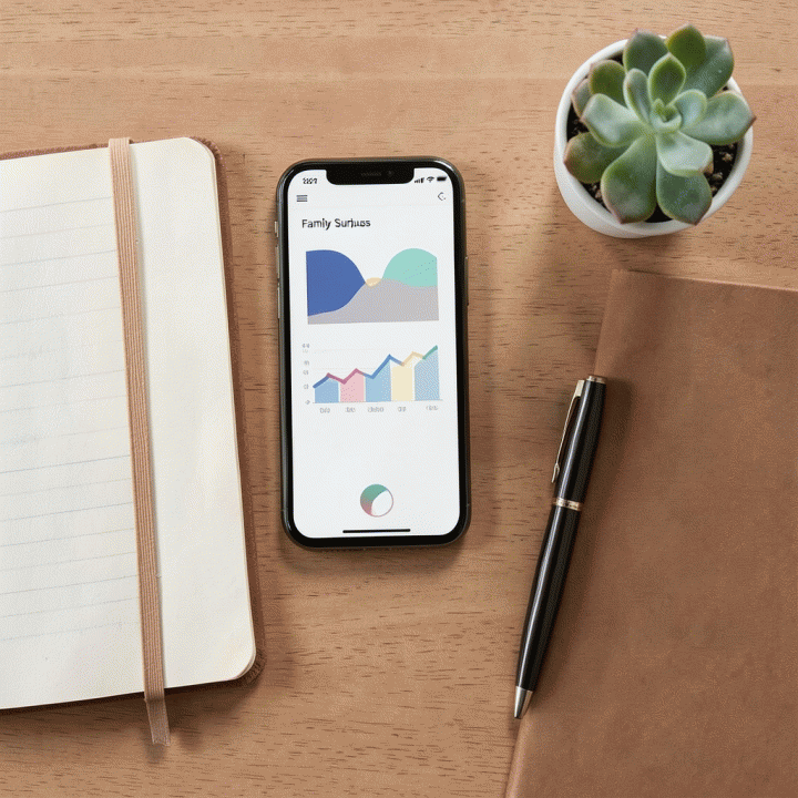 Tampilan atas meja kerja yang rapi dengan ponsel menampilkan dashboard keuangan keluarga dan alat tulis, melambangkan perencanaan finansial terstruktur.