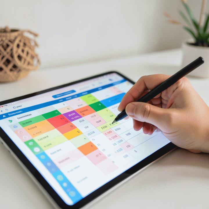 Tangan yang sedang memasukkan data keuangan ke dalam spreadsheet digital di atas tablet, melambangkan pengelolaan anggaran keluarga.