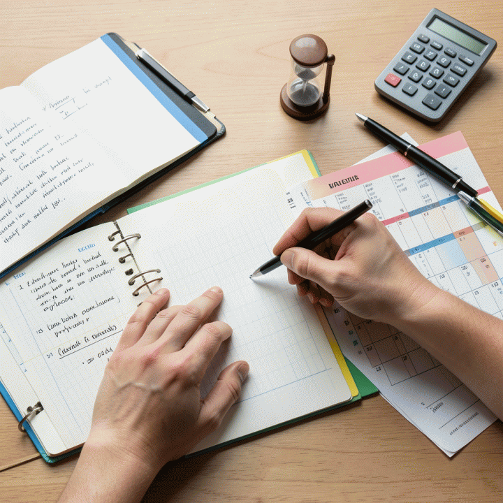 Pandangan atas (overhead shot) meja kerja yang sangat terorganisir dengan jurnal rencana keuangan dan alat tulis minimalis, melambangkan manajemen waktu dan finansial.