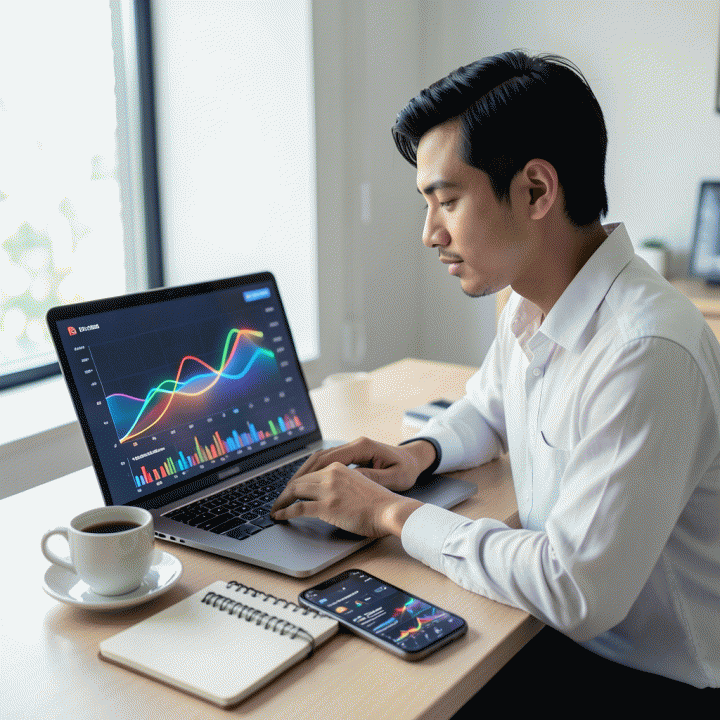 Seorang profesional muda Indonesia yang sedang menganalisis data e-commerce di laptop untuk meningkatkan profit affiliate Shopee.