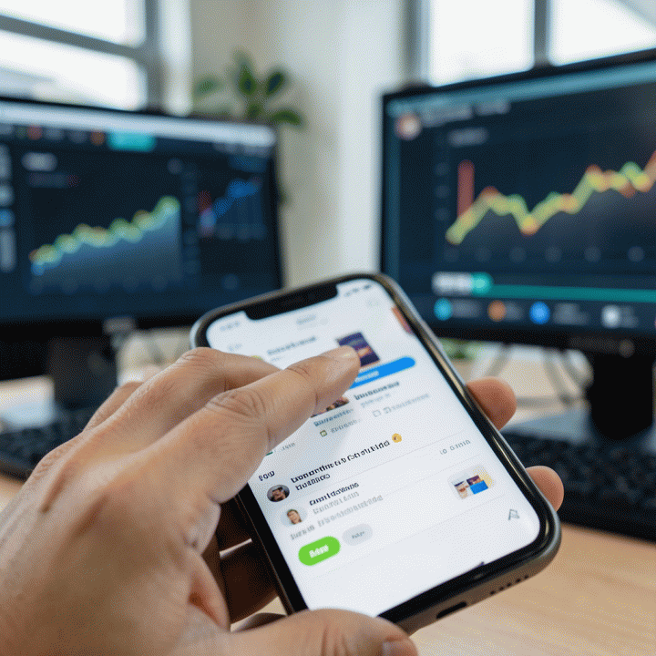 Tangan yang sedang menunjuk produk potensial pada layar smartphone, dikelilingi oleh data analitik.