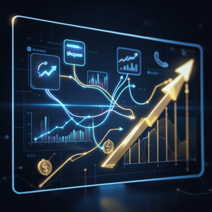 Visualisasi abstrak aliran data dan rekomendasi AI yang menghubungkan tren pasar dengan pertumbuhan profit.