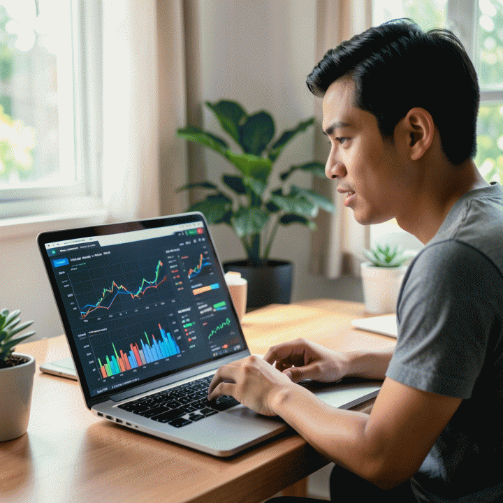 Seorang pemasar afiliasi muda Indonesia menganalisis data tren pasar penjualan Shopee menggunakan laptop di ruang kerja yang modern.