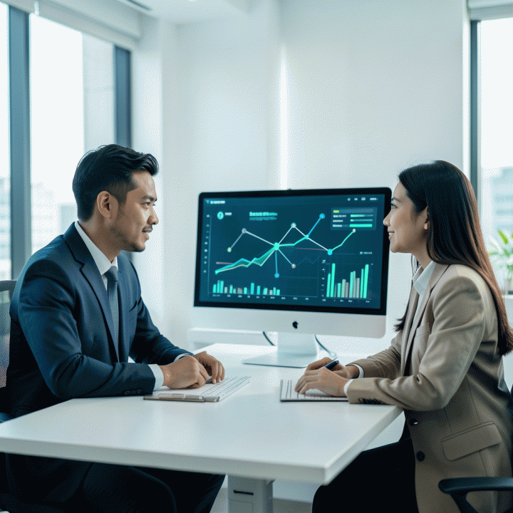 Pasangan profesional Indonesia yang sedang berdiskusi strategi manajemen utang dan peningkatan skor kredit di depan dashboard digital abstrak.