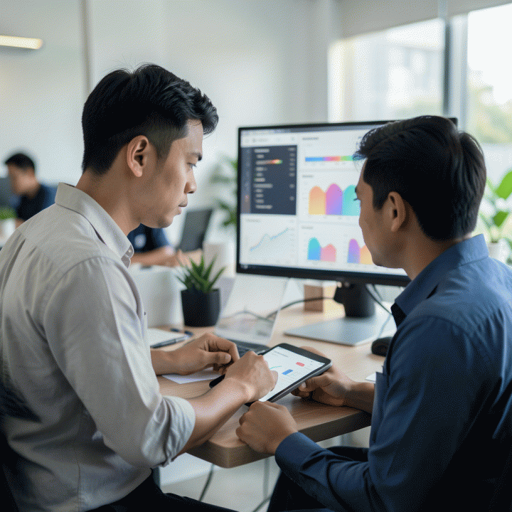 Seorang penjual e-commerce profesional Indonesia sedang menganalisis data analitik bisnis di monitor besar, menunjukkan fokus pada pertumbuhan bisnis online.
