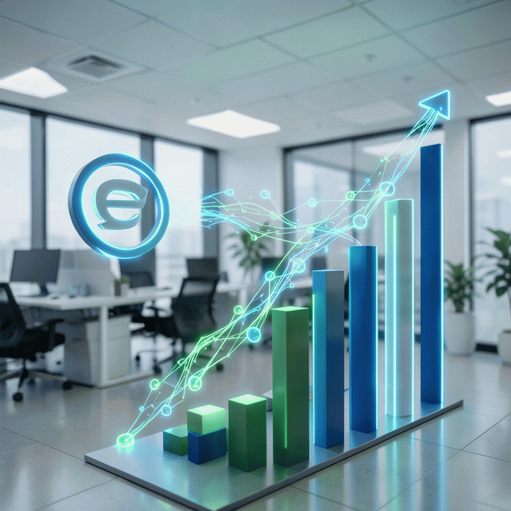 Visualisasi abstrak aliran data yang mengarah pada pertumbuhan bisnis e-commerce yang signifikan.