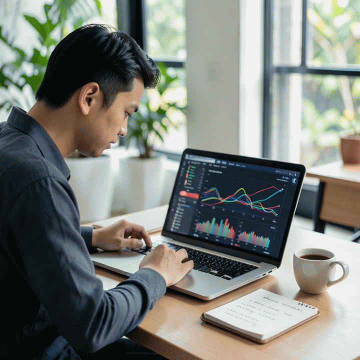 Seorang penjual e-commerce profesional Indonesia sedang menganalisis data bisnis yang kompleks di laptopnya, melambangkan optimasi penjualan dan pertumbuhan bisnis.