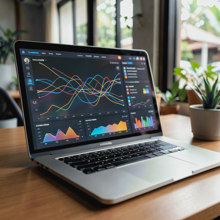 Tampilan dashboard analitik e-commerce yang abstrak dan berwarna-warni, menunjukkan data mendalam untuk optimasi bisnis.