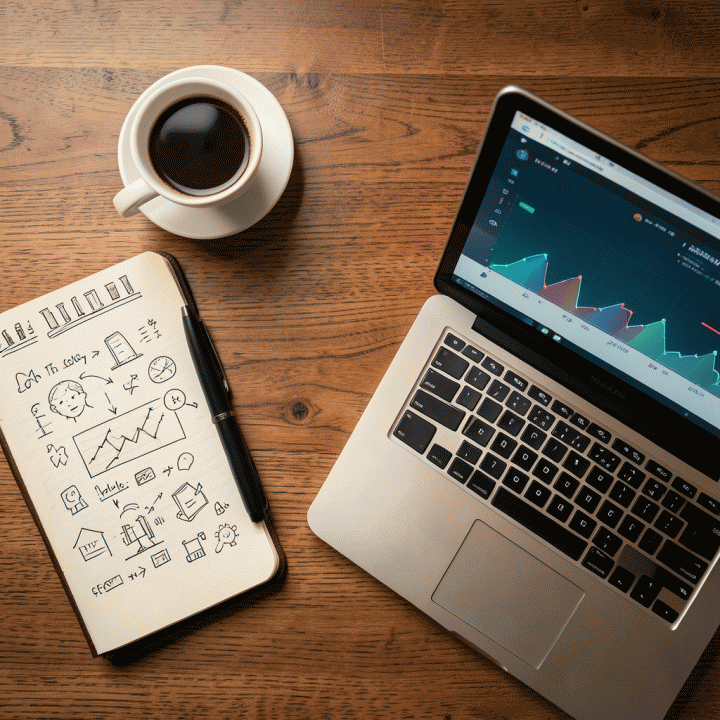 Susunan alat bisnis dan teknologi di atas meja, mencakup laptop analitik, ponsel e-commerce, dan catatan perencanaan strategis.