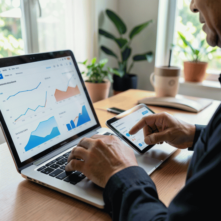 Tangan seseorang sedang berinteraksi dengan tablet dan laptop yang menampilkan visualisasi data analitik bisnis yang kompleks, menunjukkan perhitungan Return on Investment (ROI).