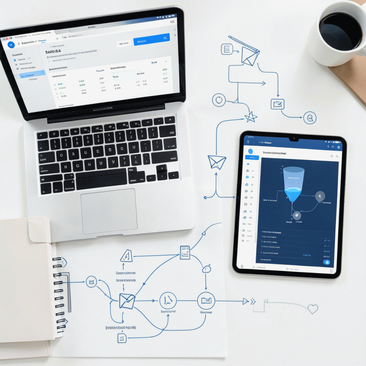 Tampilan atas meja kerja yang menunjukkan laptop dan tablet dengan ilustrasi alur kerja data analitik komprehensif untuk mengoptimalkan toko e-commerce.