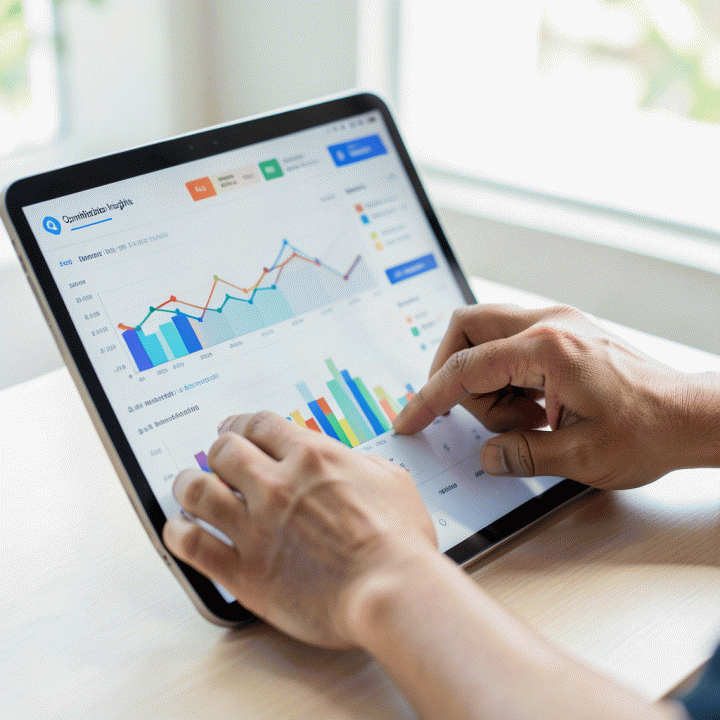 Tangan seseorang sedang menganalisis data dashboard e-commerce di layar laptop atau tablet, menunjukkan strategi bisnis yang terukur.