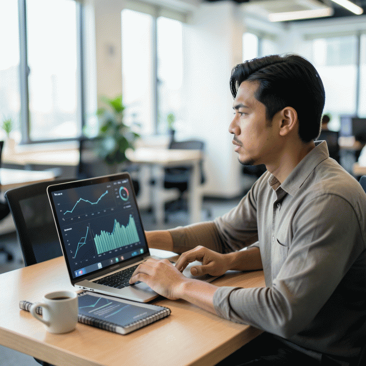 Seorang pengusaha Indonesia yang modern dan fokus, menganalisis data bisnis di laptop di meja kerja yang bersih, melambangkan pertumbuhan dan strategi e-commerce.