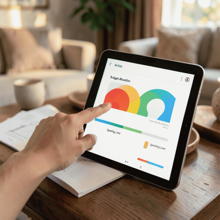 Tangan menunjuk ke dashboard visual pelacak anggaran di tablet, menunjukkan alokasi dana yang terstruktur dan warna-warni.