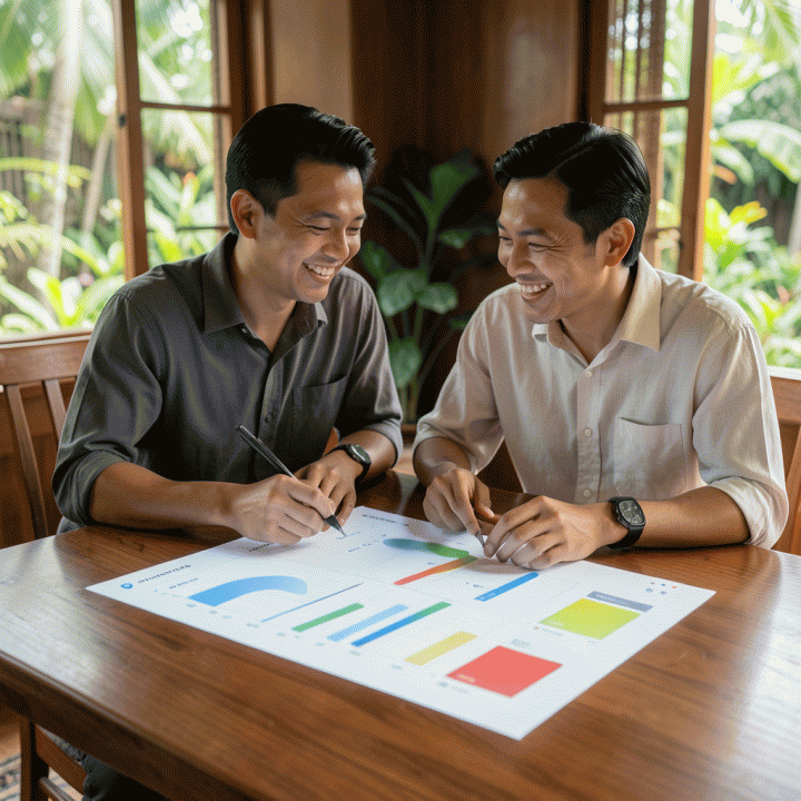 Pasangan pengantin Indonesia muda yang sedang meninjau dashboard perencanaan anggaran pernikahan yang terorganisir di atas meja kayu yang elegan, terlihat tenang dan percaya diri.