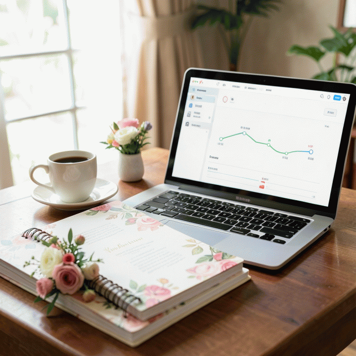 Perlengkapan perencanaan pernikahan yang tertata rapi, termasuk planner, laptop dengan tampilan timeline, dan bunga, menciptakan suasana tenang.