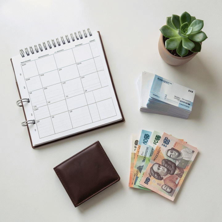 Tampilan datar (flat lay) dari alat-alat perencanaan keuangan seperti buku anggaran, uang, dan kartu bank yang tertata rapi di atas meja.