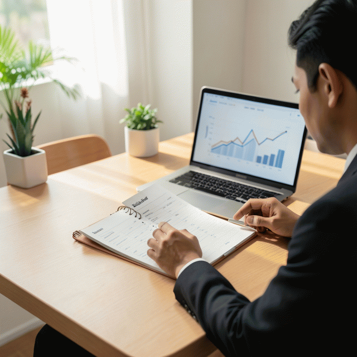 Gambar cover yang menampilkan seorang profesional Indonesia sedang mengatur dan merencanakan keuangan pribadi menggunakan buku budgeting planner yang rapi di atas meja kerja yang modern.