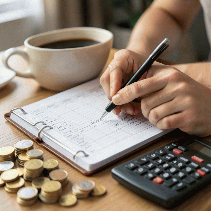 Detail tangan yang sedang mencatat anggaran atau melacak pengeluaran di dalam buku perencanaan keuangan (budgeting planner).
