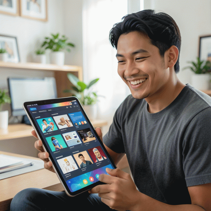 Seorang penjual digital Indonesia yang profesional menggunakan tablet di meja kerja modern, menampilkan kumpulan aset visual digital yang konsisten dan berkualitas tinggi, melambangkan efisiensi dan peningkatan penjualan.