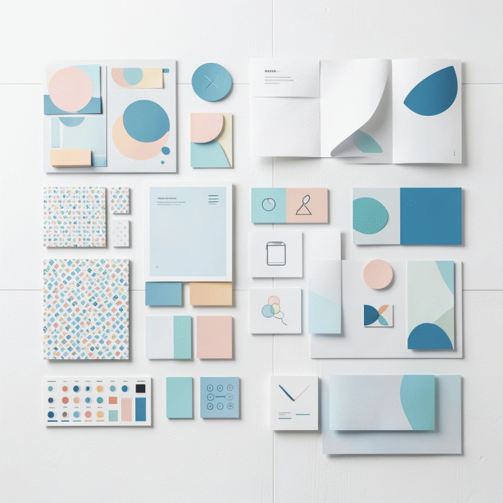 Komposisi datar (flat lay) dari berbagai aset desain digital yang modular dan konsisten, menata tema visual untuk produk digital.